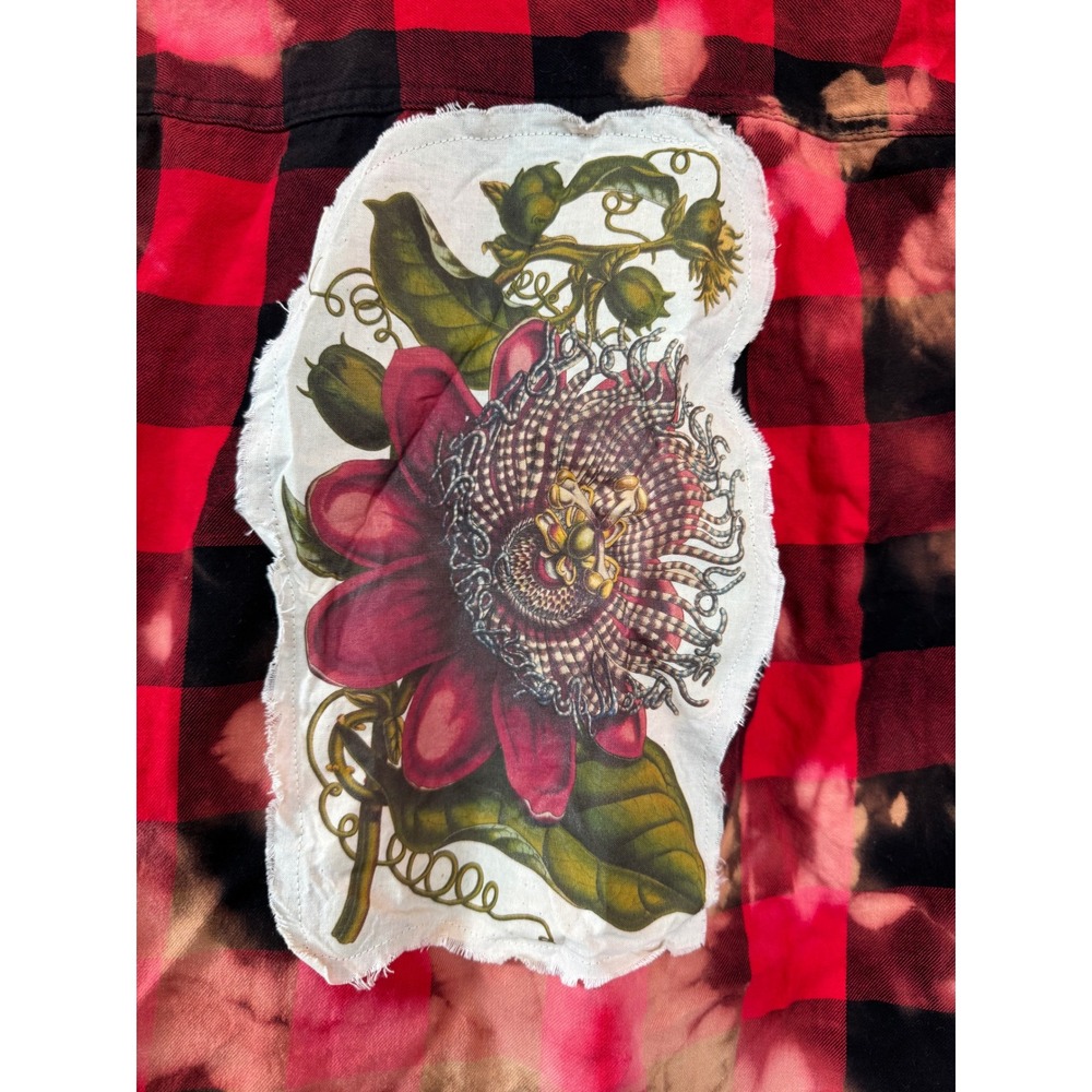 Red Buffalo Plaid Flannel Bleach Dye‎ Passion Flower Patch Upcycled Shirt Small